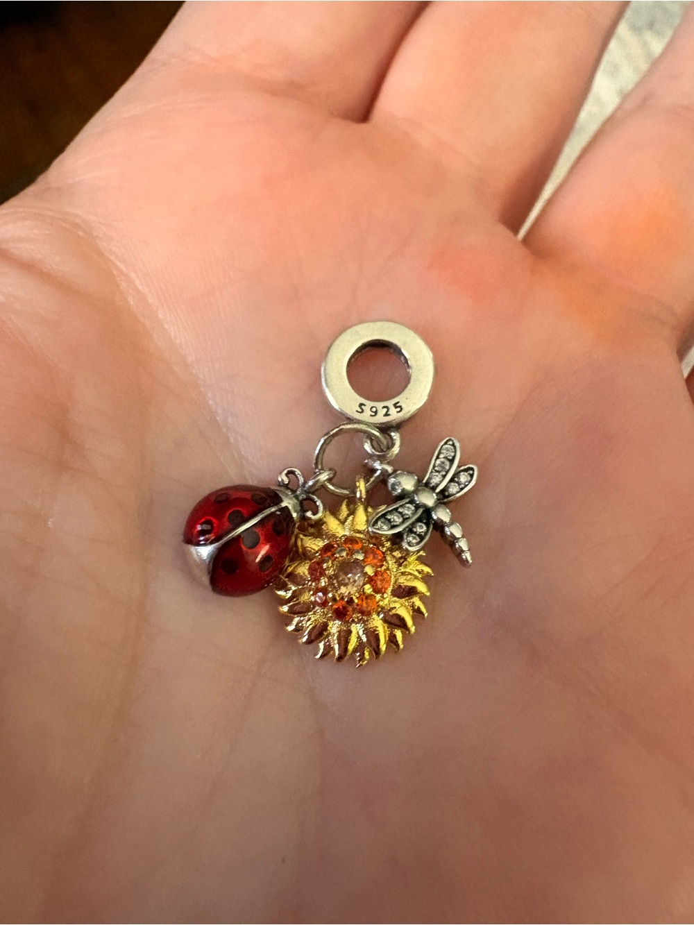 S925 ladybug and sunflower dangle